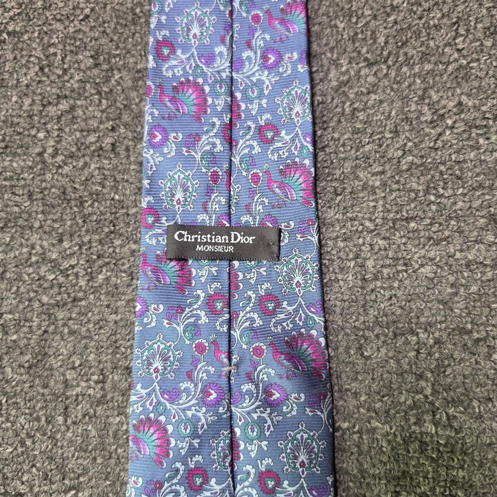 VTG Christian Dior Monsieur Necktie Blue Purple Mens Peacock Paisley Silk USA